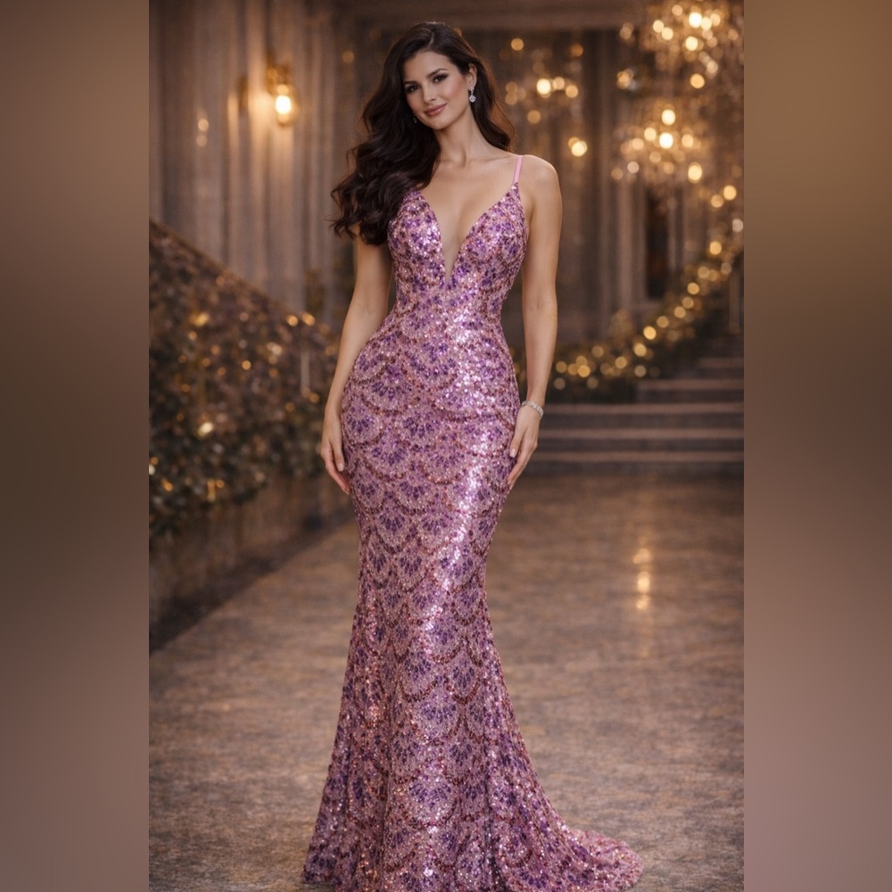 NWT Angel Fashions Sequin Mermaid Gown Pink Purple Formal Prom Dress M